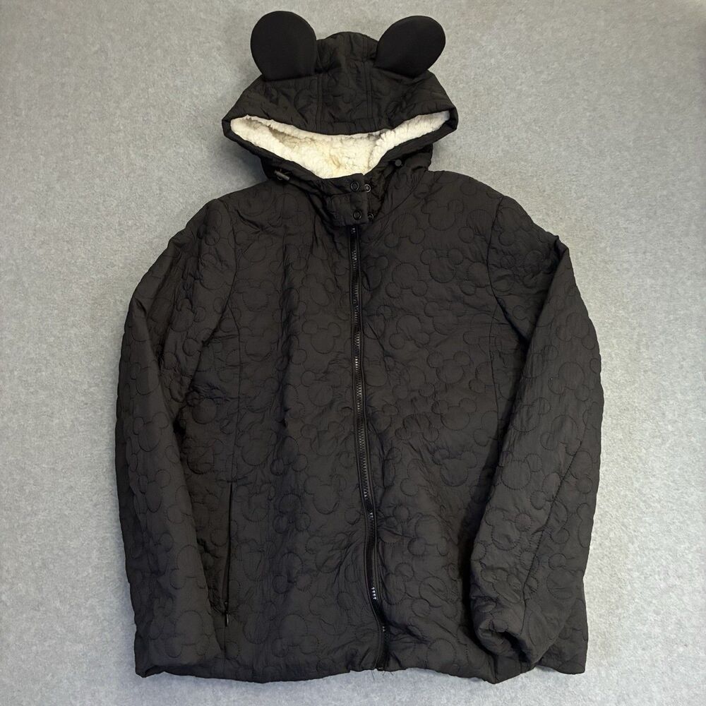 Disney Mickey Mouse Ear Hood Puffer Jacket Womens Medium Black Sherpa Lined